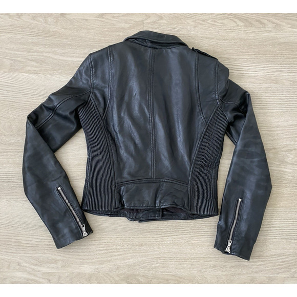 ZARA Trafaluc Authentic Leather Black Moto Biker Jacket S Retro Classic Cropped - Picture 6 of 16